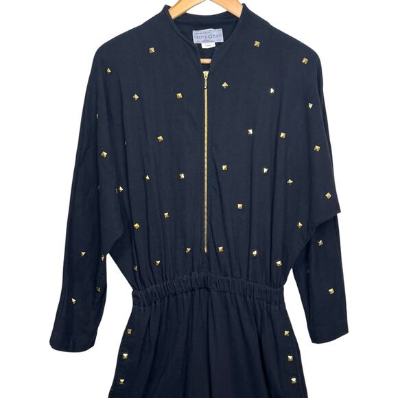 Vintage Large Bloomingdale’s Made in USA Cotton Black Zip Up Jumpsuit Gold Studs - Picture 3 of 8